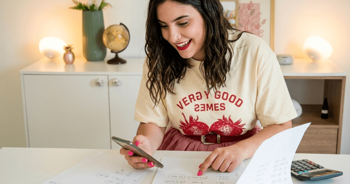 Mujer sonriente con camiseta color crema en una mesa, revisando papeles con números y usando un teléfono, mientras explora temas de ingresos en el ámbito del contenido generado por usuarios.