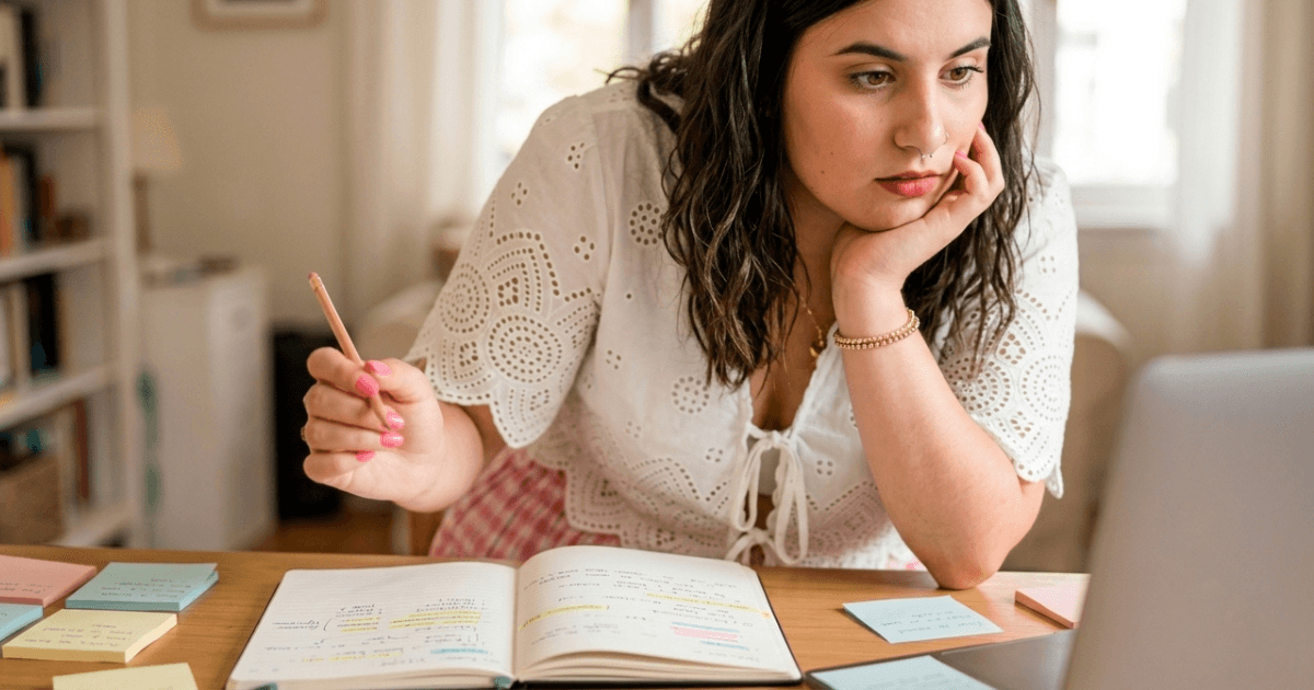 Mujer rubia con blusa blanca, mirando pensativa hacia un cuaderno abierto en una mesa con post-it de colores, reflexionando sobre estrategias para utilizar ChatGPT en Instagram.